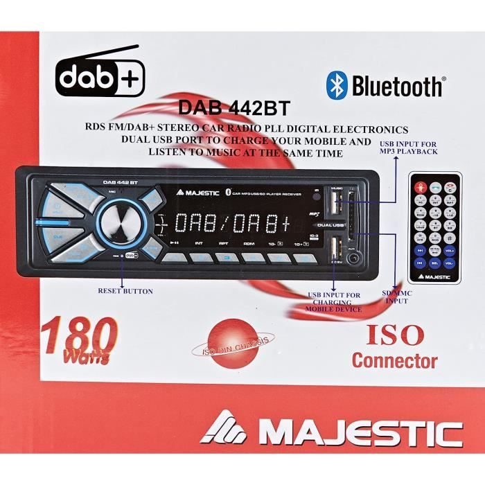Majestic DAB-442 BT Autoradio RDS FM stéréo, Dab+ PLL, Bluetooth, Double  USB, entrée SD - AUX-in, 180W (45 W x 4 canaux), [258] - Cdiscount Auto