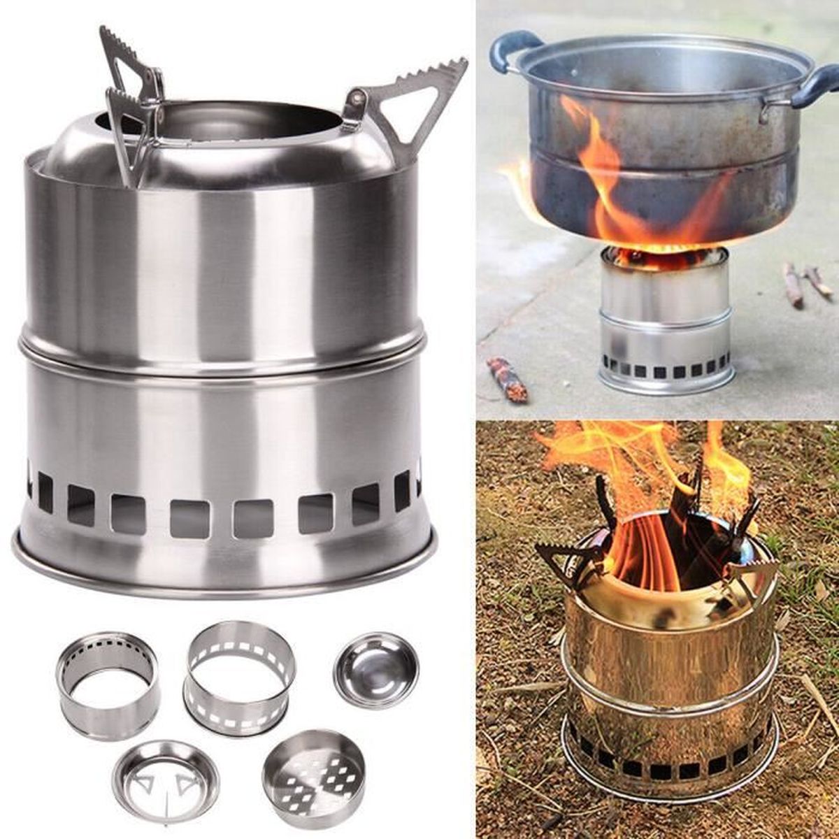 Réchauds de Camping Extérieurs Détachables Fourneau Portable en Acier Inoxydable Accessoire de Cuisson Multifonctionnel pour Pique-Nique Barbecue Fourneau à Bois