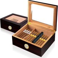 Cave à Cigares BigSmoke En Cèdre Espagnol – Humidificateur & Hygromètre Intégré, 30 Cigares, Couvercle Verre, Stockage Hermétique Noir