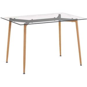 TABLE À MANGER SEULE Table repas en verre pieds effet bois 115 cm - Nat