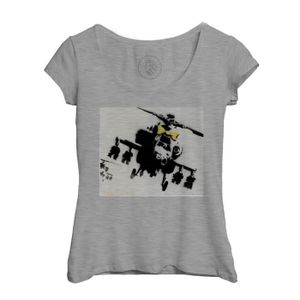 T-SHIRT T-shirt Femme Col Echancré Gris Banksy Pretty Copter Helicoptere Combat Street Art Graffiti