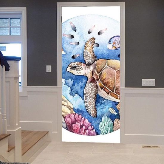 Sticker Porte Autocollant Poster De Porte 3D Arbres À Fleurs Roses Dans