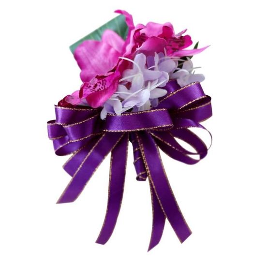 Corsage Boutonnière Fleur de Soie Orchidée Hortensia avec Ruban Nœud Papillon Multi-couches pour Costume de Marié et Robe Violet