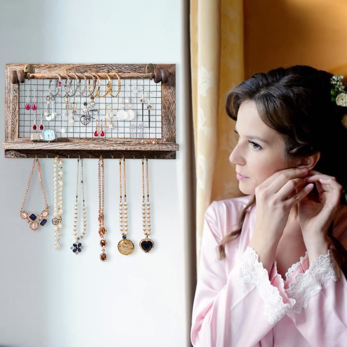 COSTWAY Organisateur de Bijoux Rustique, Support Mural en Bois pour Boucles d'Oreilles, Colliers, Bracelets, 43,5cm x 25cm x 8,5 cm