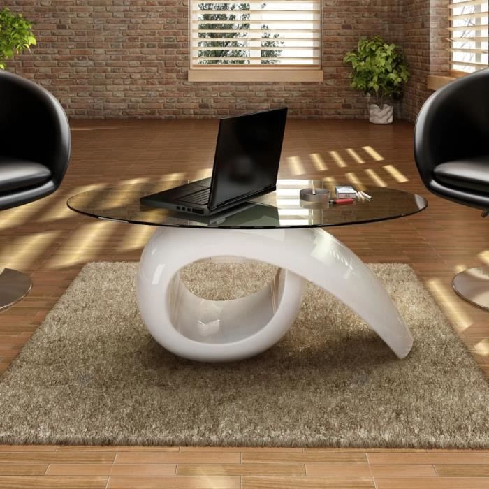 BOI® Table basse avec dessus de table en verre ovale Blanc brillant