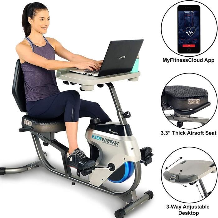EXERPEUTIC 2500 ExerWork Vélo d'appartement avec bureau allongé ou assis réglable, siège et dossier Airsoft, hometrainer avec applic