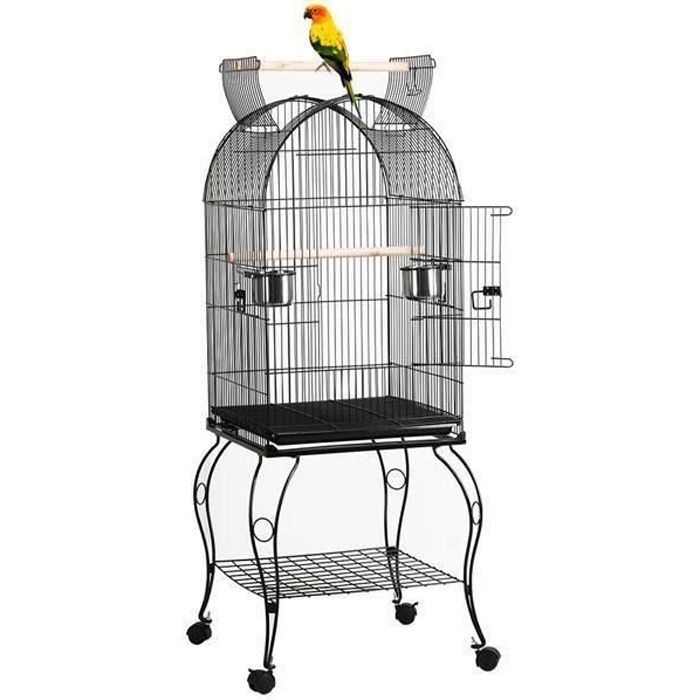 TOR Cage à Oiseau avec Toit Ouvert Volière sur roulettes pour Canaries Perroquet Perruches et Calopsitte 59 x 59 x 150 cm Noir