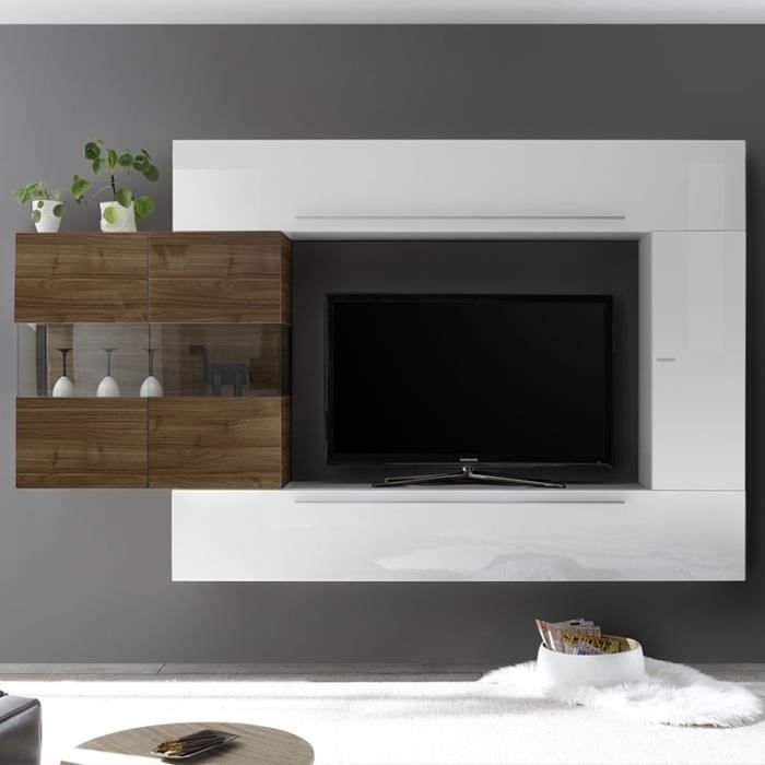 Grand meuble TV blanc et couleur bois foncé SALEMI Blanc L 260 x P 35 x H 200 cm