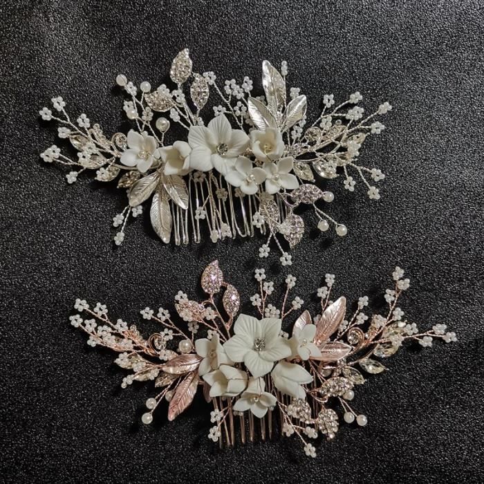 Strass cristal fait à la main perles fleur bijoux de mariage peigne à cheveux coiffes de mariée - Modèle: Rose Gold - MIZBFSB01801