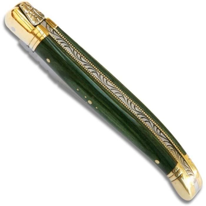 COUTEAU DE TABLE Couteau Laguiole manche en bois de stamina vert et mitres en laiton Taille fermeacutee 9 cm689