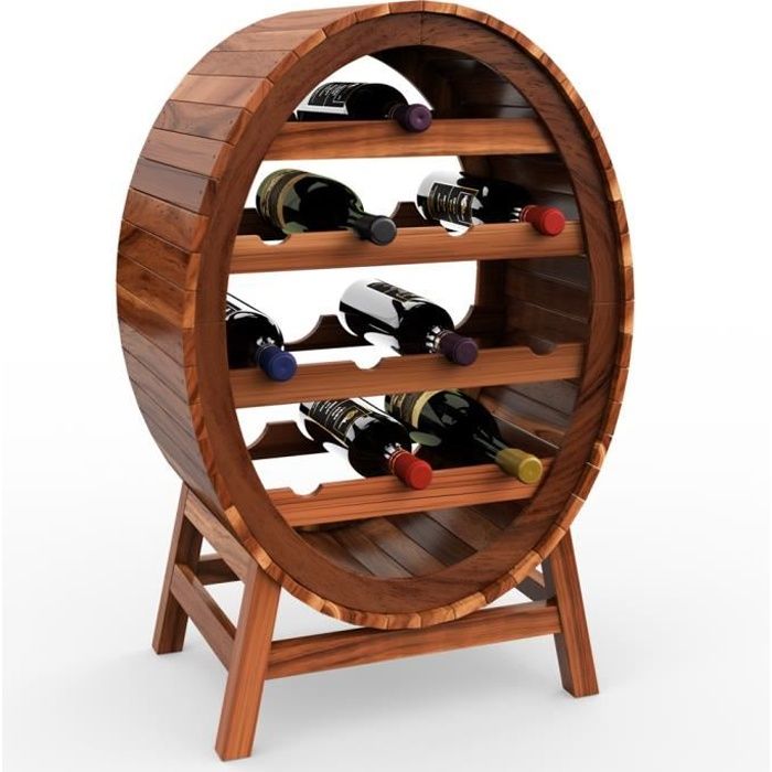 Casier étagère à vin Porte-bouteilles en bois d'acacia pour max 12 bouteilles look baril tonneau