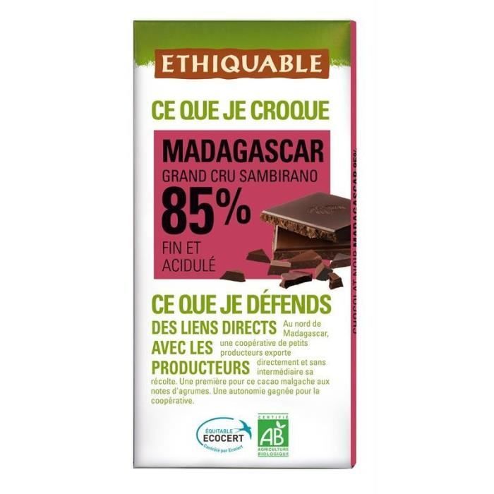 ETHIQUABLE - Chocolat Noir 85% De Cacao De Madagascar Bio 100G - Lot De 4