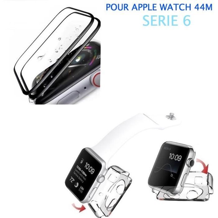 Lot de 2 verres trempé 3D noir protection écran APPLE WATCH 44MM SERIE 6 + COQUE SILICONE TRANSPARENTE