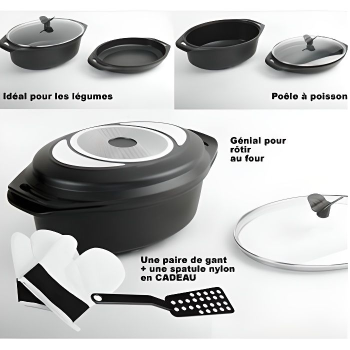 PRADEL EXCELLENCE Lot de 3 marmites ovales façon pierre - 10,3 L - Noir