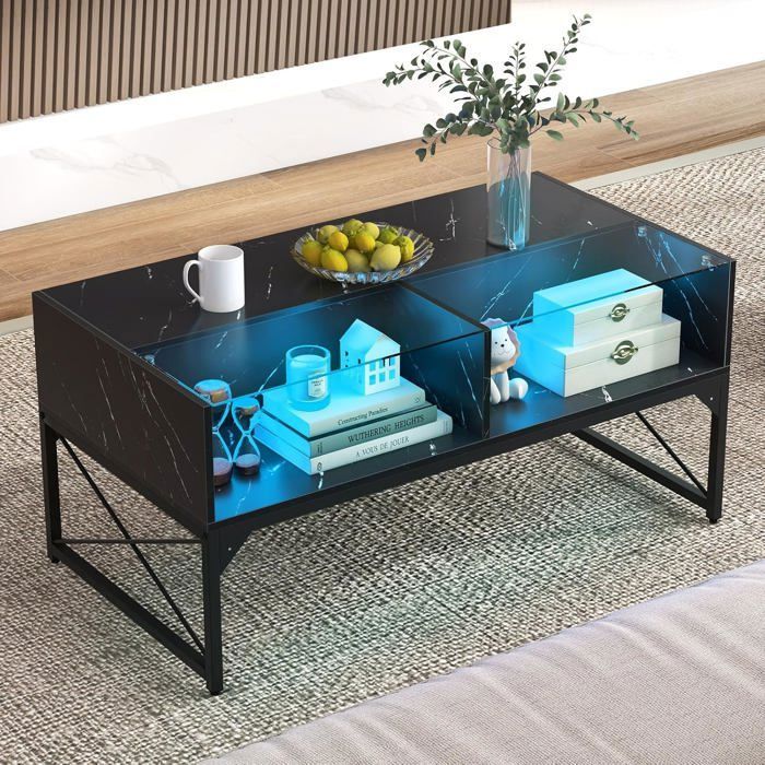 COSTWAY Table Basse avec Lumières LED Plateau en Faux Marbre Verre Trempé Télécommande Incluse 4 Cubes de Rangement Noir COSTWAY Table Basse avec Lumières LED Plateau en Faux Marbre Verre Trempé Télécommande Incluse 4 Cubes de Rangement Noir