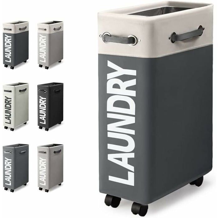 Comparer les prix de Panier Linge Slim Pliable 45L avec Roues Collecteur Buanderie Blanc Gris Fonc Label