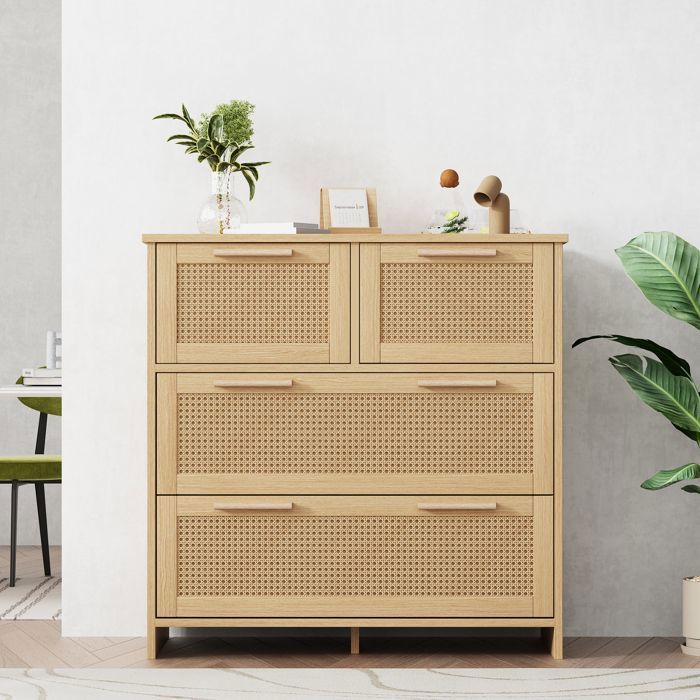 Commode 4 Tiroirs en Bois avec Façade en Cannage Meuble de Rangement Style Scandinave Naturel