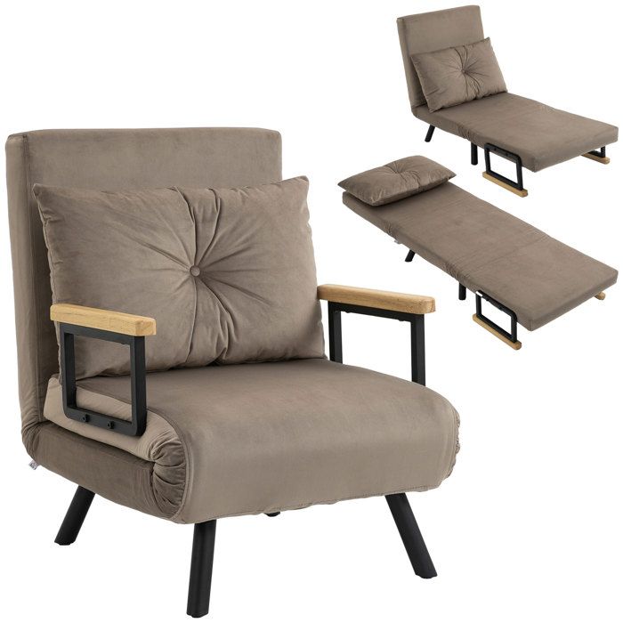 Fauteuil convertible HOMCOM 4 en 1 chauffeuse lit 1 place dossier réglable accoudoirs en bois et coussin tissu effet velours marron