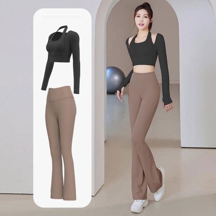 Vêtement de Sport Femme 2 Pièces Ensemble de Yoga T-shirt Halter et Legging Tenue de Sport Pour Gym Fitness - Noir Kaki