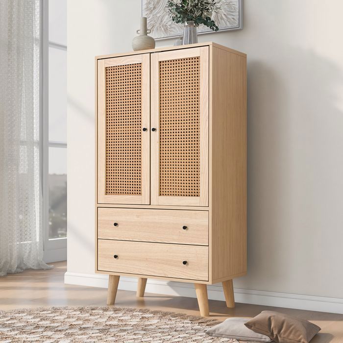 Commode 2 tiroirs avec 2 portes buffet avec grand espace de rangement 60x40x120 cm en panneaux de particules chêne