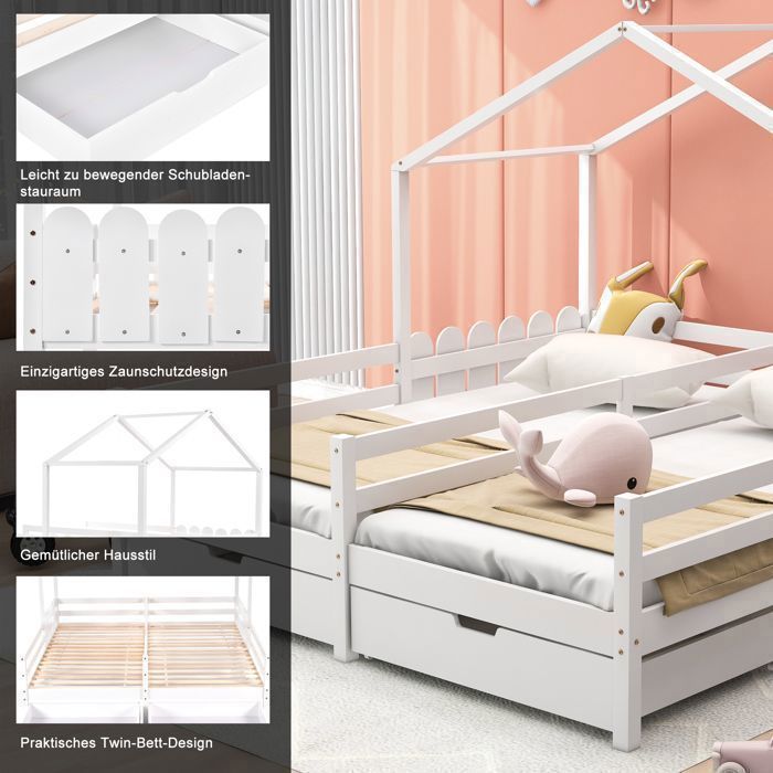 Lit Cabane Enfant 90x200 cm Avec rangement et barrières de protection