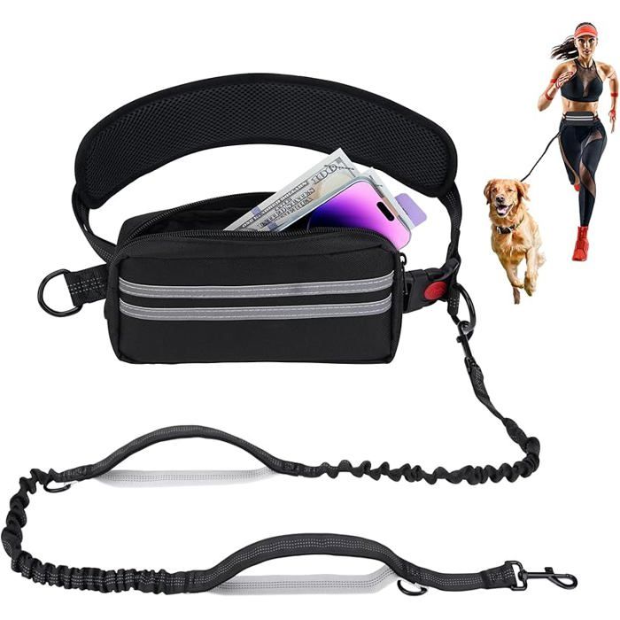 Laisse canicross chien - jogging mains libres ceinture+sac banane amovible harnais anti-traction réfléchissant élasti Étiquette