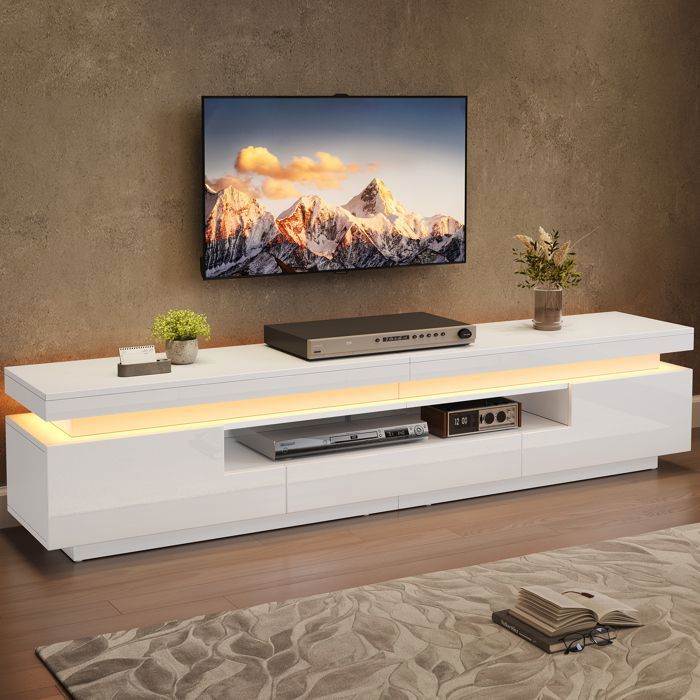 Meuble TV blanc LED 175 x 38 x 45 cm avec 2 armoires en forme de L et 1 tiroir et Compartiments pour aux téléviseurs 75 pouces