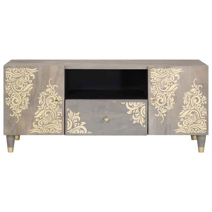 Meuble TV en bois de manguier - vidaXL - 105x33x46 cm - Gris - Bois de manguier massif - Design doré imprimé
