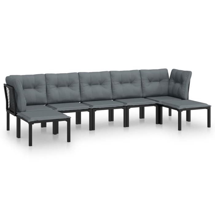 Salon de jardin résine tressée - BURKE - 7 pièces - Noir et gris - Résine tressée - Modulaire - Coussins polyester