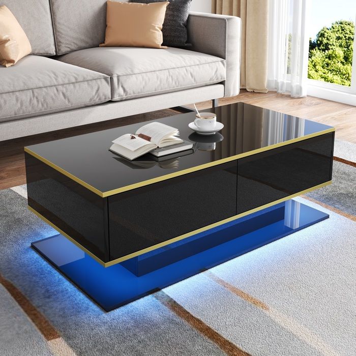 Table basse moderne brillante - MODERNLUXE - 100x50x40 cm - Éclairage LED - 3 tiroirs - Étagères ouvertes - Noir+doré Table basse moderne brillante - MODERNLUXE - 100x50x40 cm - Éclairage LED - 3 tiroirs - Étagères ouvertes - Noir+doré