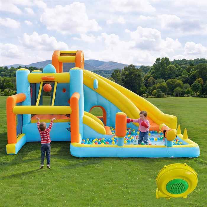 AIYAPLAY Château Gonflable 8 en 1 avec Ventilateur - Parc Aquatique Gonflable avec Motif Requin - Toboggan Sec/Eau - Piscine pour pataugeoire - Trampoline - Mur d'escalade - Panier de Basket-Ball