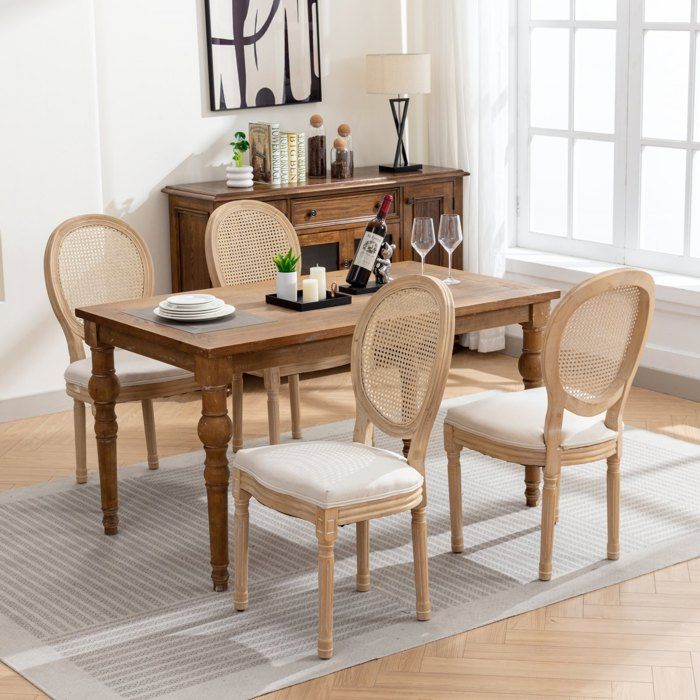Lot de 4 Chaises de salle à manger rembourrée Chaises de cuisine avec dossier en rotin Chaise médaillon pieds en bois massif Crème