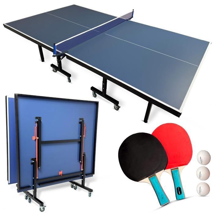 Table de tennis de table THUNDER® SET-VITAL-18-BLUE Pliable Solide Domestique 18 mm Raquettes Filet Kit