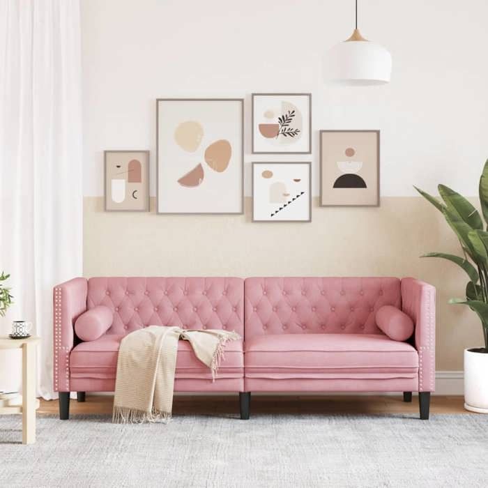 Rose SOFA - PHSH - Canapé Chesterfield avec traversins 3 places - contemporain - rose velours C1965
