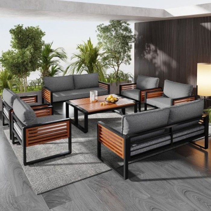 Salon de jardin extérieur spacieux 8 pièces cadre en fer galvanisé 2 canapés 2 places et 4 fauteuils design