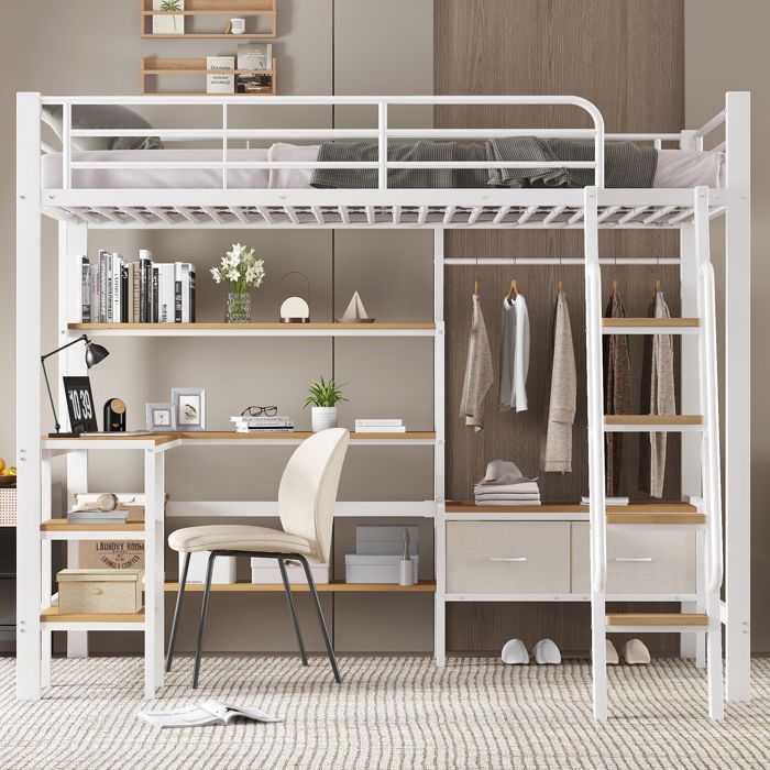 Lit Mezzanine 90x200 cm en Métal - avec Bureau - Étagères - Penderie - 2 Boîtes de Rangement - Blanc et Naturel Lit Mezzanine 90x200 cm en Métal - avec Bureau - Étagères - Penderie - 2 Boîtes de Rangement - Blanc et Naturel