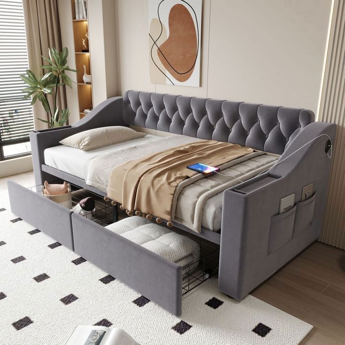 Lit banquette 90x190 cm avec 2 tiroirs et ports USB - Lit simple - Velours gris foncé poches de rangement et dossier capitonné.