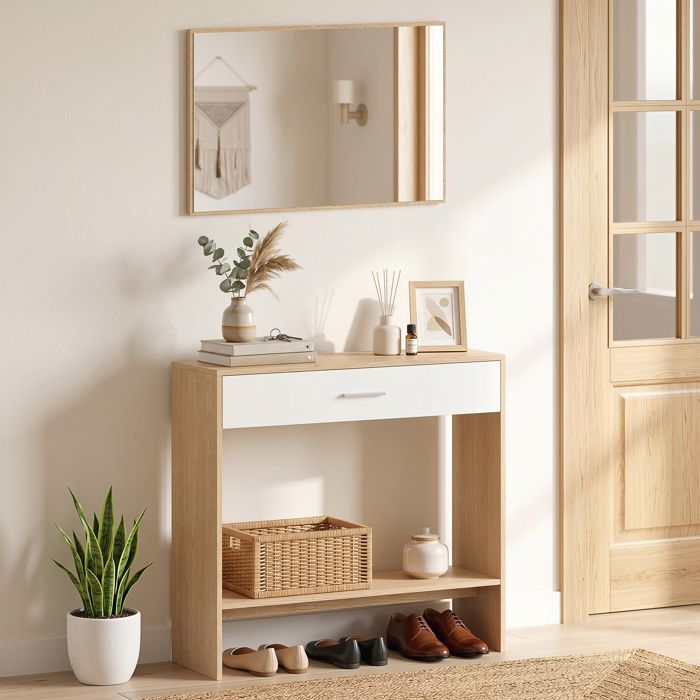 Console meuble + miroir table console étroite avec tiroir et étagère style moderne 915 x 279 x 855 cm chêne