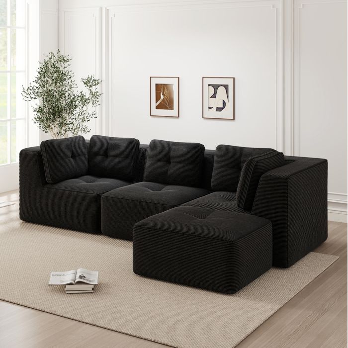 Canapé dangle modulable 3 places noir velours côtelé sans montage assise profonde