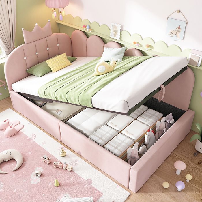 Lit simple rembourré 90 x 190 cm Canapé-lit avec hydraulique rangement Lit enfant avec couronne sommier à lattes velours rose