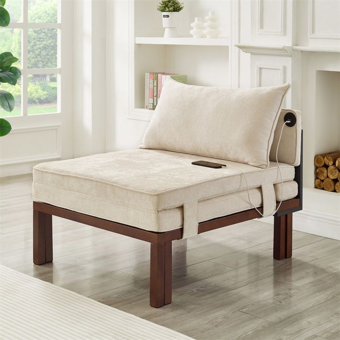 Fauteuil Convertible 1 Place - Lit dAppoint Pliant avec Prises USB et Type-C - Cadre en Bois Massif et Coussin Moelleux - Beige