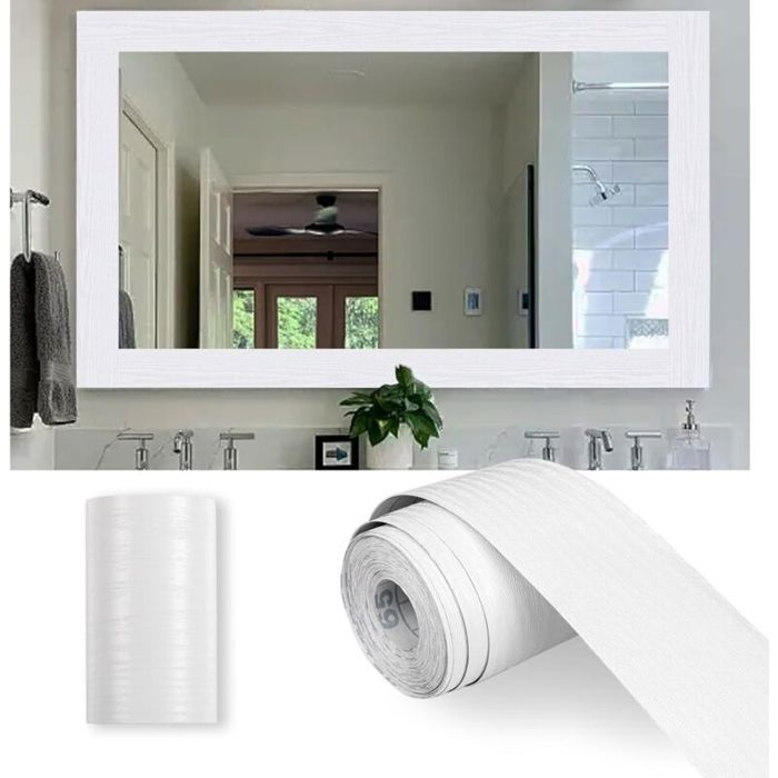 Papier peint autocollant imitation bois blanc pour cadre de miroir 10 mètres pour encadrement de porte ou plinthe 5 cm x 10 m.