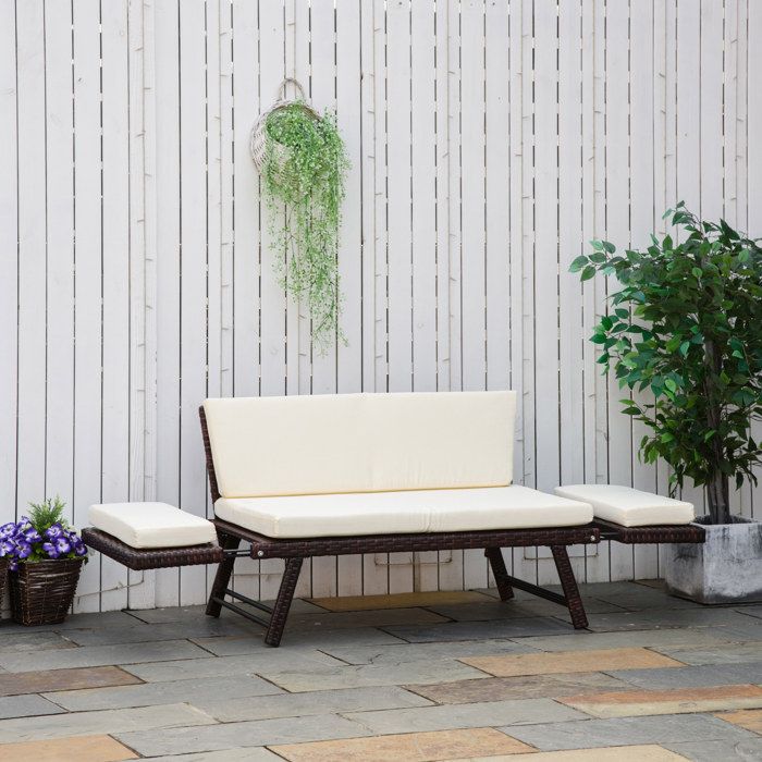 Canapé de jardin 2 places convertible en méridienne rotin synthétique marron avec accoudoirs rabattables