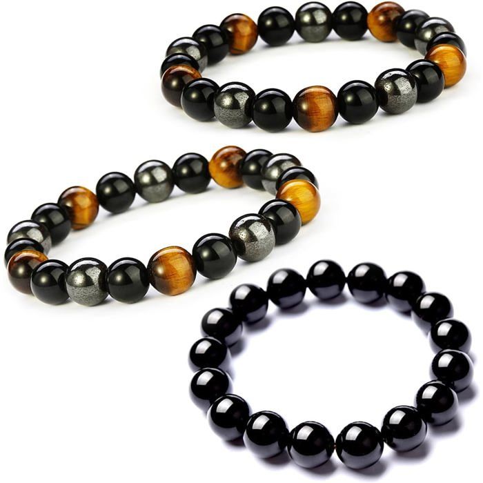 3 Pièces Bracelet Triple Protection 8/10Mmbracelet Oeil De Tigre 8Mm Obsidienne Yoga Bracelet Pierre Naturelle Femme Bracele[PP40]
