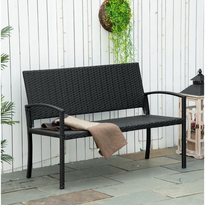 JOINERY banc de jardin 2 places extérieur intérieur structure acier polyrattan noir dossier accoudoirs 122 x 60 x 85 cm