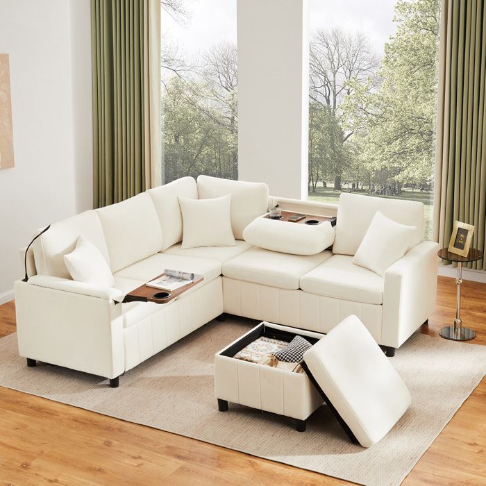 Canapé d’angle convertible EVRYAE 205 x 205 x 85 cm avec pouf de rangement USB Type-C lampe chenille beige