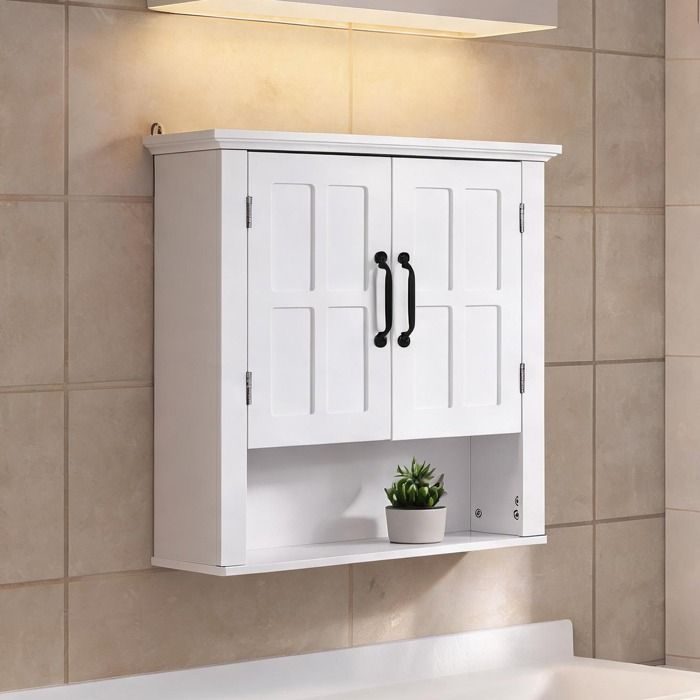 Meuble de rangement mural blanc en panneaux de particules et MDF armoire haute avec 2 portes 2 étagères et niche 60 x 20 x 58