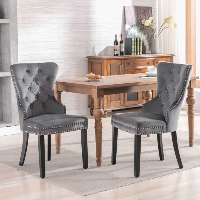 Chaise de salle à manger - WESTYLE - Velours capitonné - Pieds chêne massif - Heurtoir chromé - Lot de 2