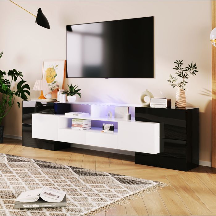 Meuble TV 200 cm AESVAR noir et blanc brillant avec LED 4 portes 2 tiroirs et 3 niches