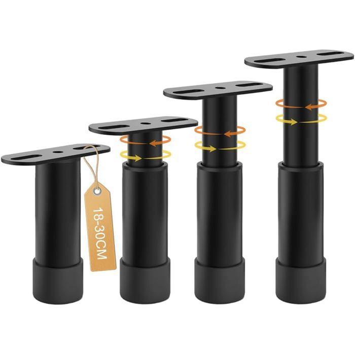 Pieds de lit réglables - Lot de 4 - Acier robuste - Hauteur 18 à 30 cm - Renfort sommier central - Su